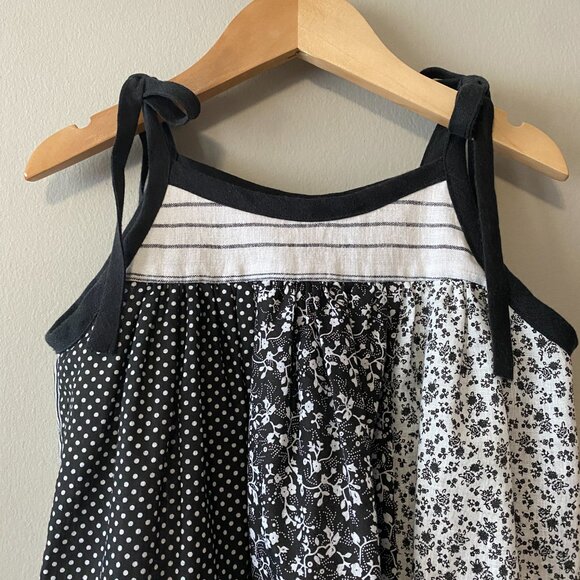 Handmade Children's Cotton Linen Black White Mixed Pattern Tie Strap Dress - Picture 5 of 13